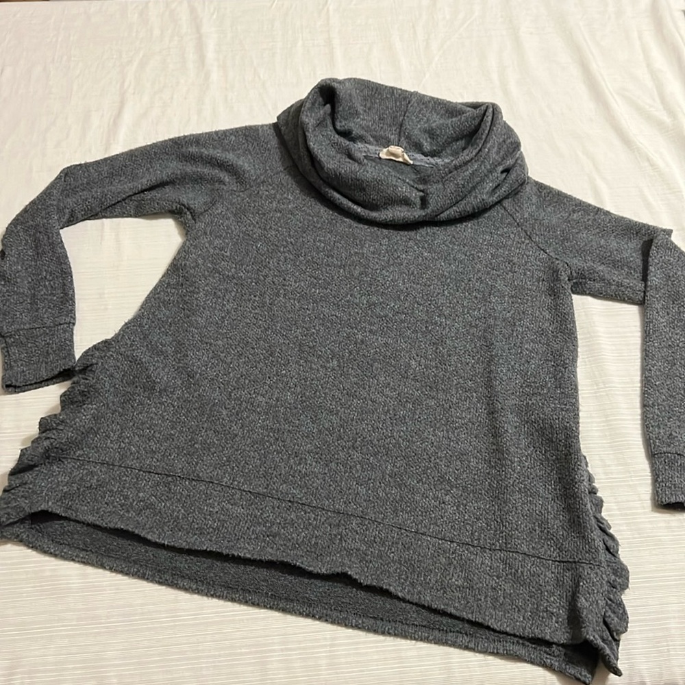 Cupio Womens Cowl Neck Sweater Gray Ruffle Side Long Sleeve Pullover Top M